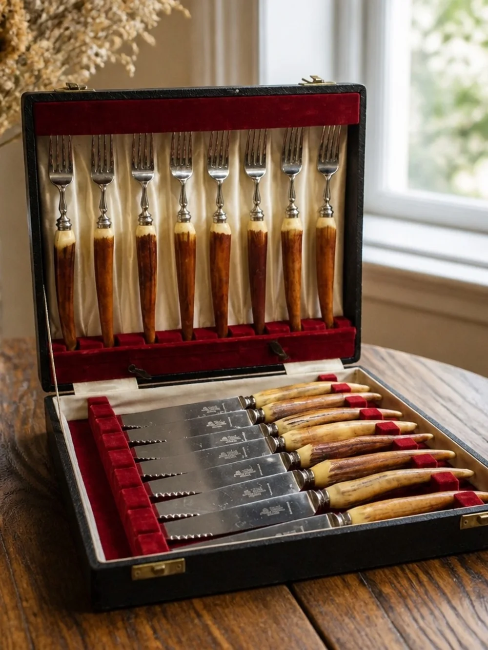 Taylor Witness Sheffield England Vintage Antler Knife & Fork Set